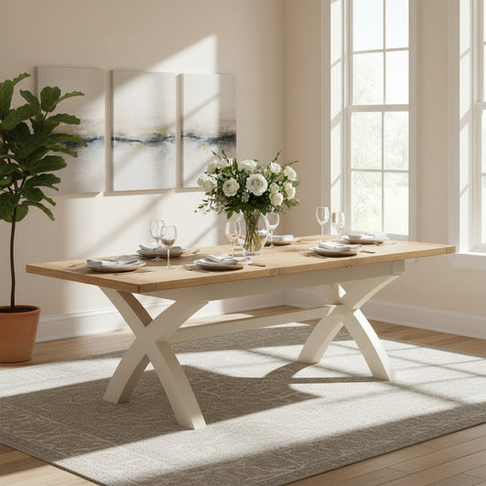 Papaya Foxington extending natural oak dining table top measures 180cm-240cm when extended and can seat 8-10 people, with a Cross Leg frame in an off white painted wood finish