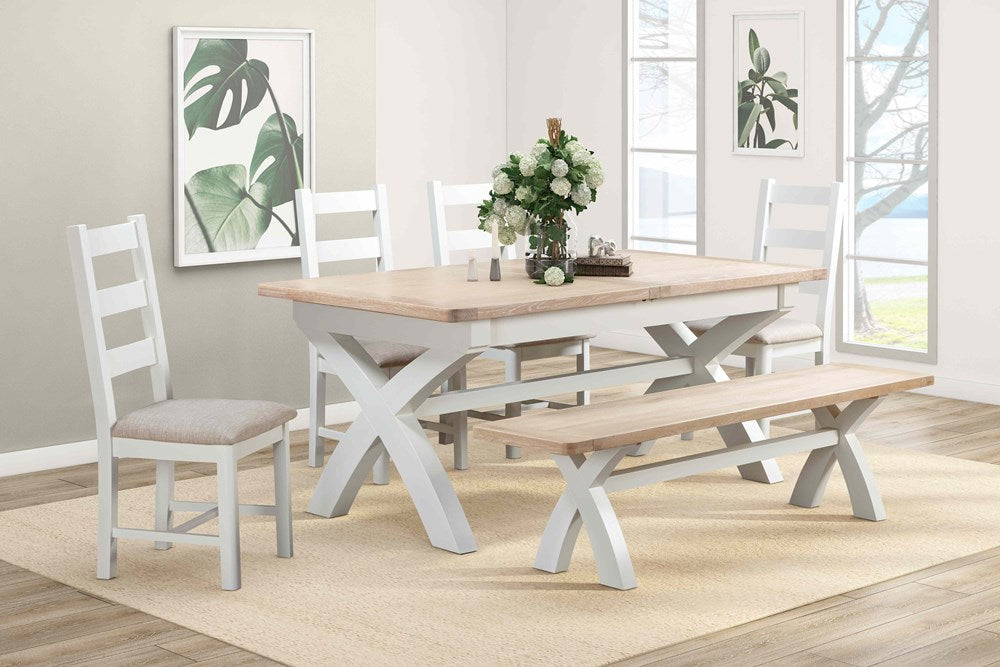 Papaya Foxington 180cm-240cm Cross Leg Extending Dining Table in off white painted wood with a solid natural oak table top that can seat 8-10 people when extended