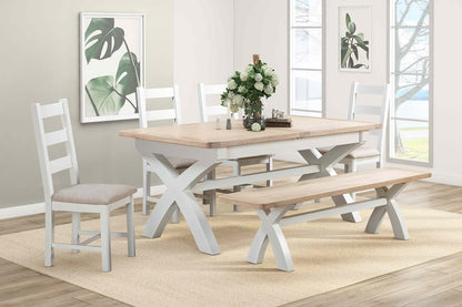 Papaya Foxington 180cm-240cm Cross Leg Extending Dining Table in off white painted wood with a solid natural oak table top that can seat 8-10 people when extended