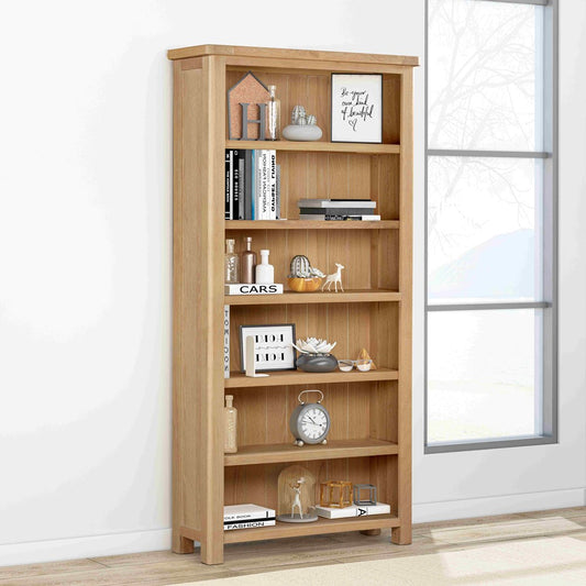 Papaya Foxington 180cm Bookcase crafted from a solid Natural Oak wood, features 6 adjustable shelves with a panelled back detail