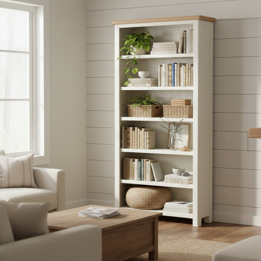 Papaya Foxington 180cm is a tall bookcase made from an off white painted wood frame with a natural oak wood top, with 6 adjustable shelves and panelled back detail