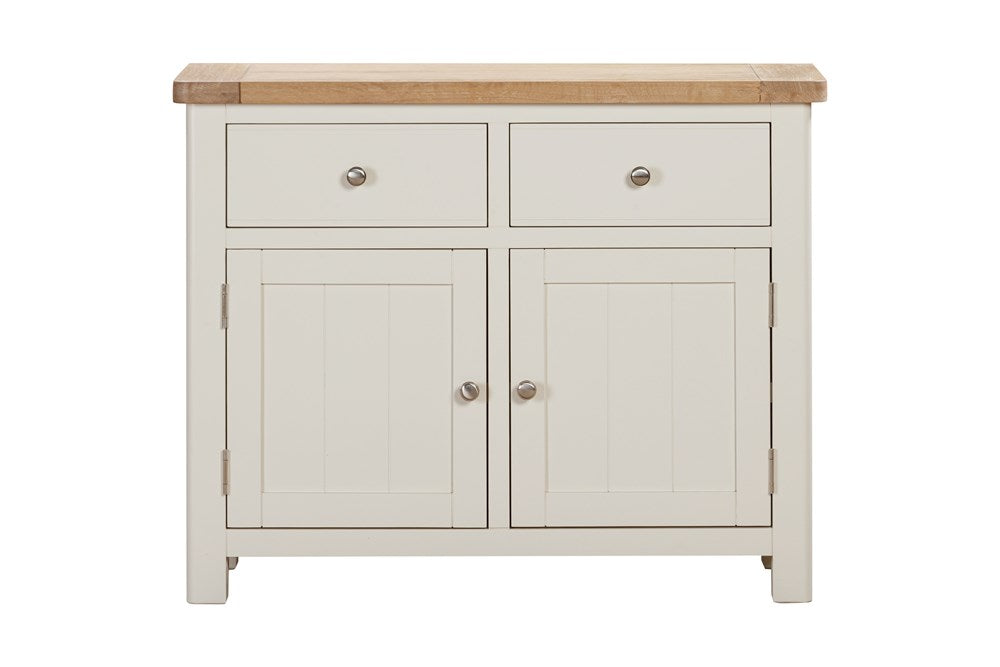 Papaya Foxington Off White Painted 2 Door 2 Drawer Sideboard features internal shelving, silver handles and a natural oak wood top