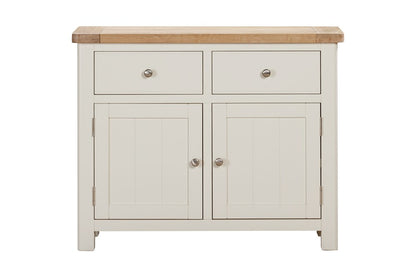 Papaya Foxington Off White Painted 2 Door 2 Drawer Sideboard features internal shelving, silver handles and a natural oak wood top