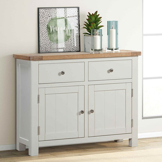 Papaya Foxington 2 Door 2 Drawer Sideboard in off white painted wood with a natural oak top and silver metal handles