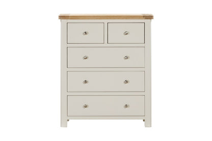 Papaya Foxington 2 Over 3 drawer Chest features 2 smaller top drawers and 3 larger lower drawers in a painted off white wood with natural oak top and silver handles