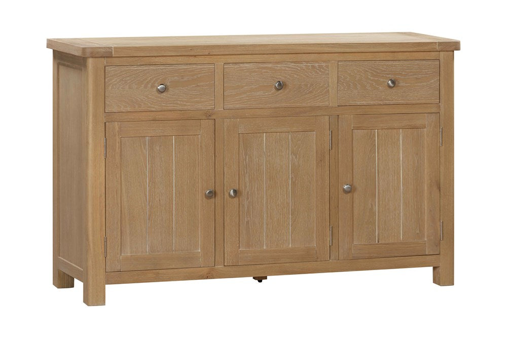 Papaya Foxington 3 Door 3 drawer natural oak sideboard with silver metal door and drawer knobs