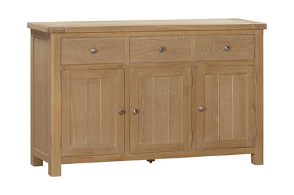 Papaya Foxington 3 Door 3 drawer natural oak sideboard with silver metal door and drawer knobs