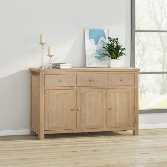 Papaya Foxington natural oak three drawer three door sideboard with internal shelves and silver metal handles