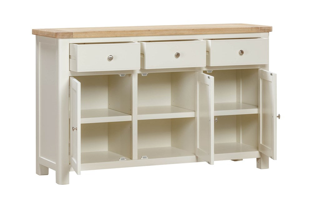 Papaya Foxington 3 Door 3 Drawer Sideboard with internal shelving crafted from an off white painted wood with a natural oak wood top and metal handles