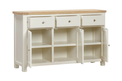 Papaya Foxington 3 Door 3 Drawer Sideboard with internal shelving crafted from an off white painted wood with a natural oak wood top and metal handles