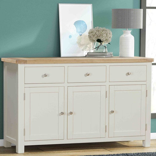 Papaya Foxington 3 Door 3 Drawer Sideboard in Off White Painted wood with a Natural solid oak top and silver metal handles