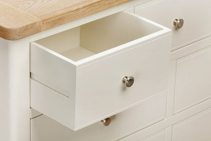 Papaya Foxington 3 Over 4 Chest features off white painted wood drawers with silver handles and a natural oak top