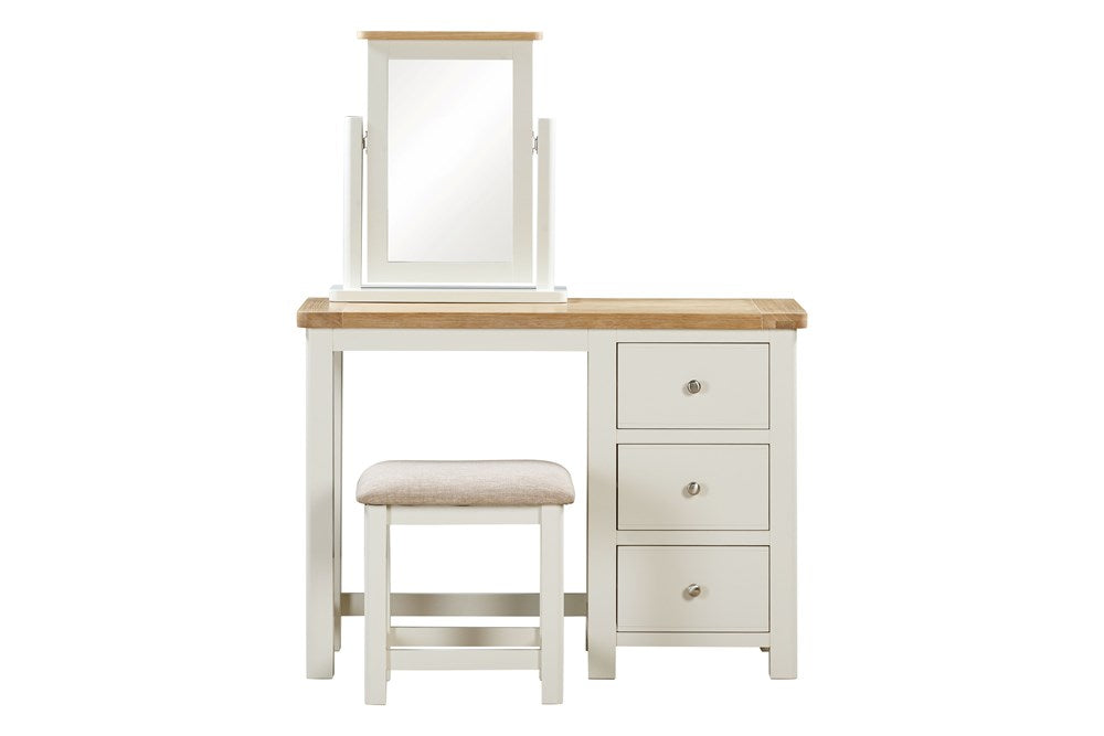 Papaya Foxington Dressing Table Set features a 3 drawer dressing table in painted off white wood with a natural oak wood table top, a matching mirror and upholstered stool