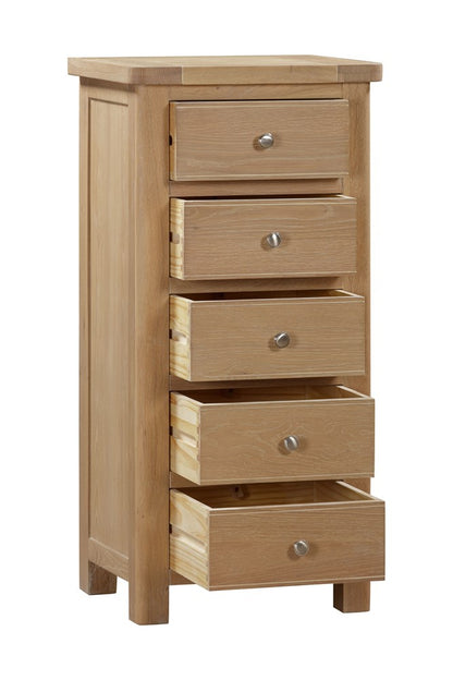 Papaya Foxington slim 5 Drawer Chest crafted from solid Natural Oak with rounded edges and silver coloured hardware