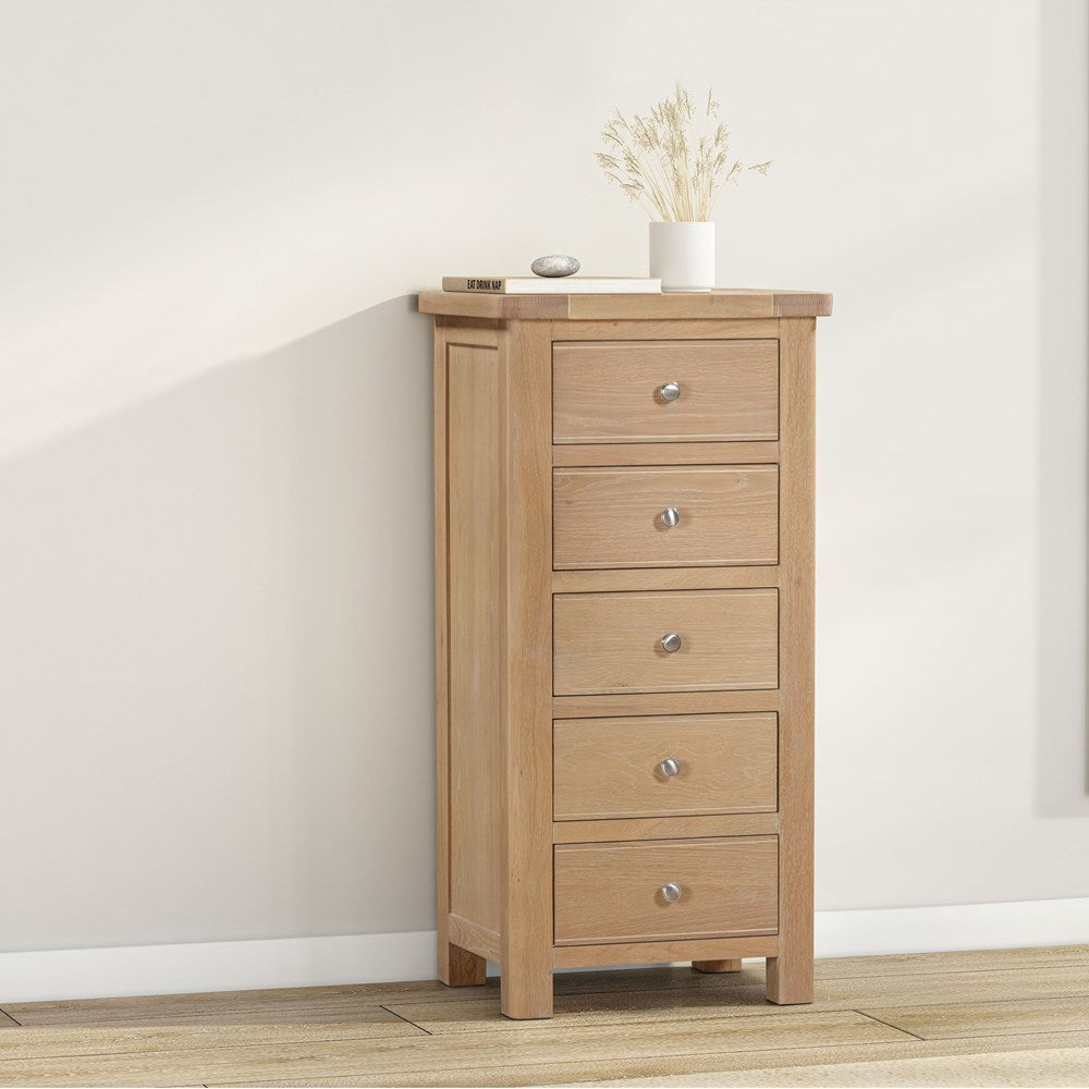 Papaya Foxington Tall 5 Drawer Chest in Natural Oak with silver handles