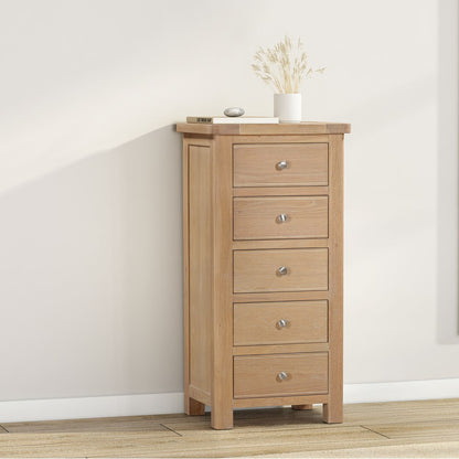 Papaya Foxington Tall 5 Drawer Chest in Natural Oak with silver handles