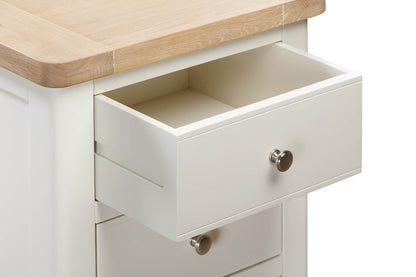Papaya Foxington 5 Drawer Tall Chest in a painted off white wood with a solid oak table top and silver drawer knobs