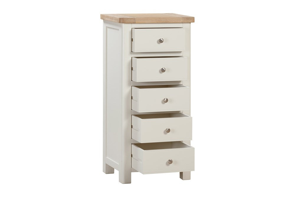 Papaya Foxington 5 Drawer Tall Chest features 5 storage drawers with silver metal handles, an oak wood table top and is painted in an off white wood