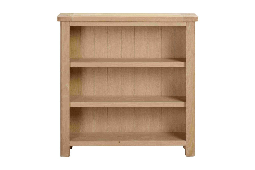 Papaya Foxington 90cm Low Bookcase features tongue and groove back panel detail against 3 generous shelves crafted from solid Natural Oak