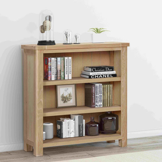 Papaya Foxington 90cm low bookcase with three spacious shelves in a solid Natural Oak wood