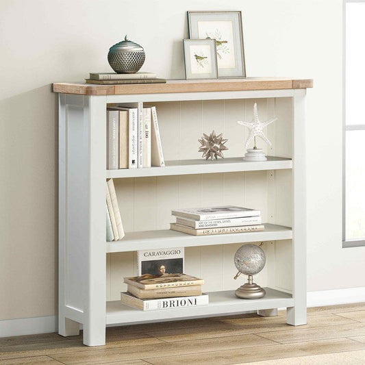 Papaya Foxington 90cm Bookcase in an off white painted finish with oak wood top, 3 shelves for storage