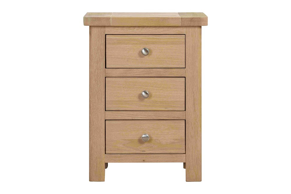 Papaya Foxington Bedside 3 drawer Table in solid Natural Oak with stylish metal drawer knobs