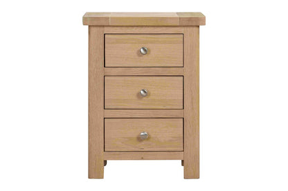 Papaya Foxington Bedside 3 drawer Table in solid Natural Oak with stylish metal drawer knobs