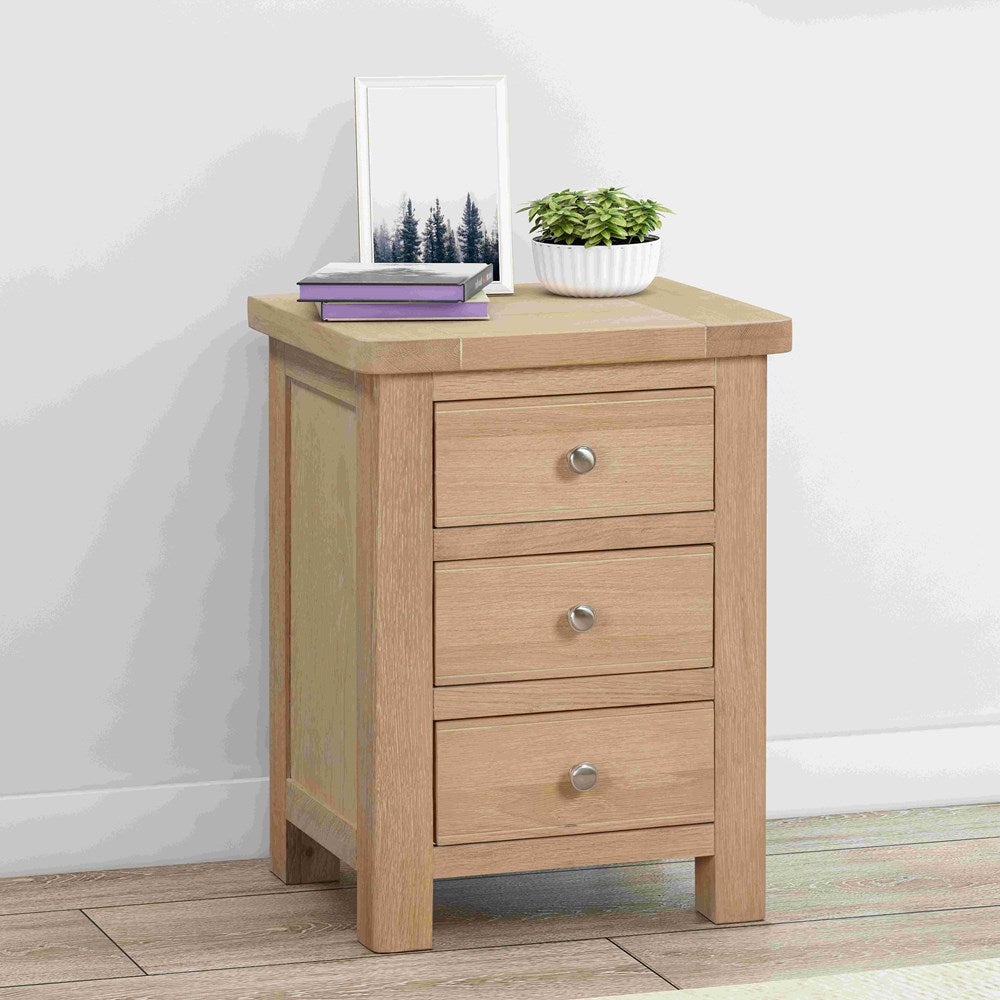 Papaya Foxington Bedside Table in Natural solid Oak with 3 spacious drawers and metal drawer knobs