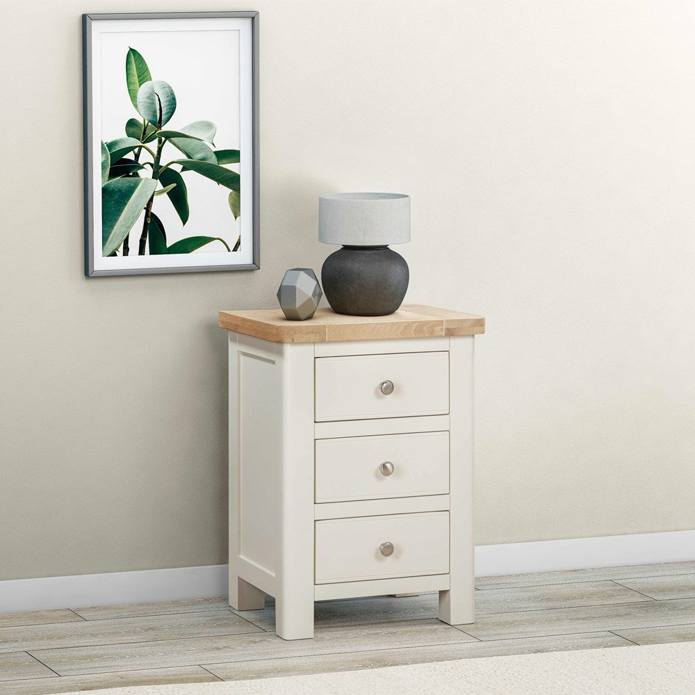 Papaya Foxington Bedside Table in OWP Painted with a solid natural oak table top and 3 storage drawers with silver drawer knobs