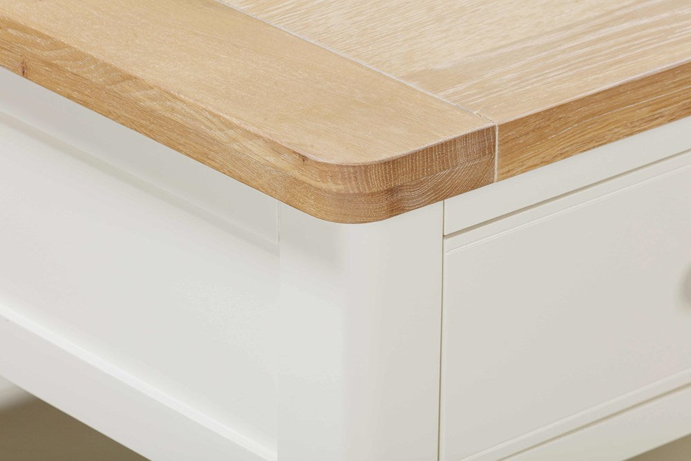 Papaya Foxington Coffee Table with 2 Drawers in off white painted wood with a natural oak wood table top