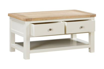 Papaya Foxington Coffee Table with 2 Drawers in an off white painted wood with a solid oak natural table top, silver drawer knobs and a lower shelf for storage