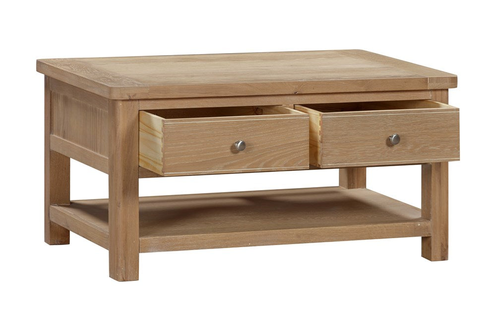 Papaya Foxington natural oak Coffee Table includes 2 drawers accessible from both sides for versatile storage and a lower storage shelf