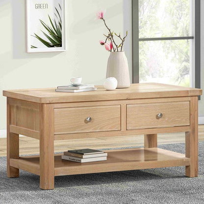 Papaya Foxington Coffee Table in natural oak with 2 Drawers and underneath shelf space