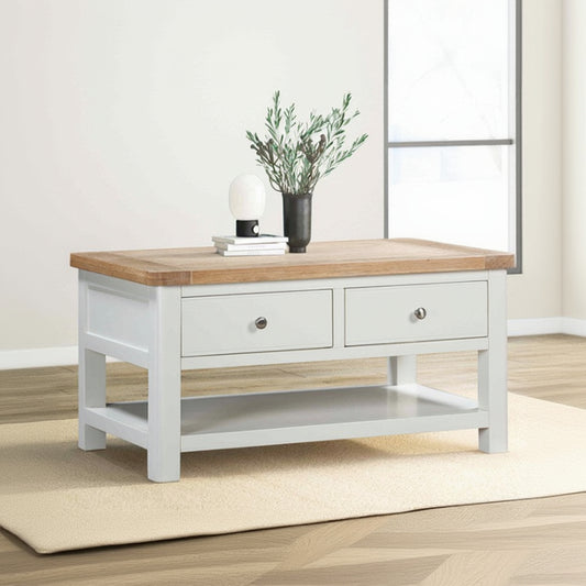 Papaya Foxington Coffee Table with 2 Drawers and shelf underneath, in off white painted wood with a natural oak wood table top and silver drawers knobs