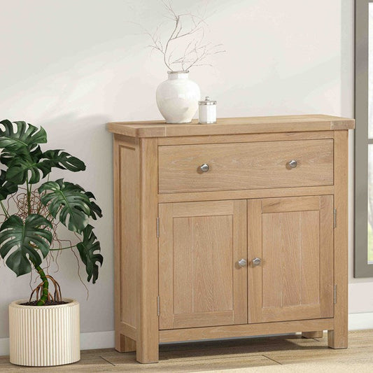 Papaya Foxington Compact two door, one drawer Sideboard in solid Natural Oak with internal storage and silver handles