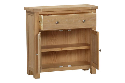 Papaya Foxington two door one drawer compact sideboard with internal shelf in a natural solid oak with silver handles