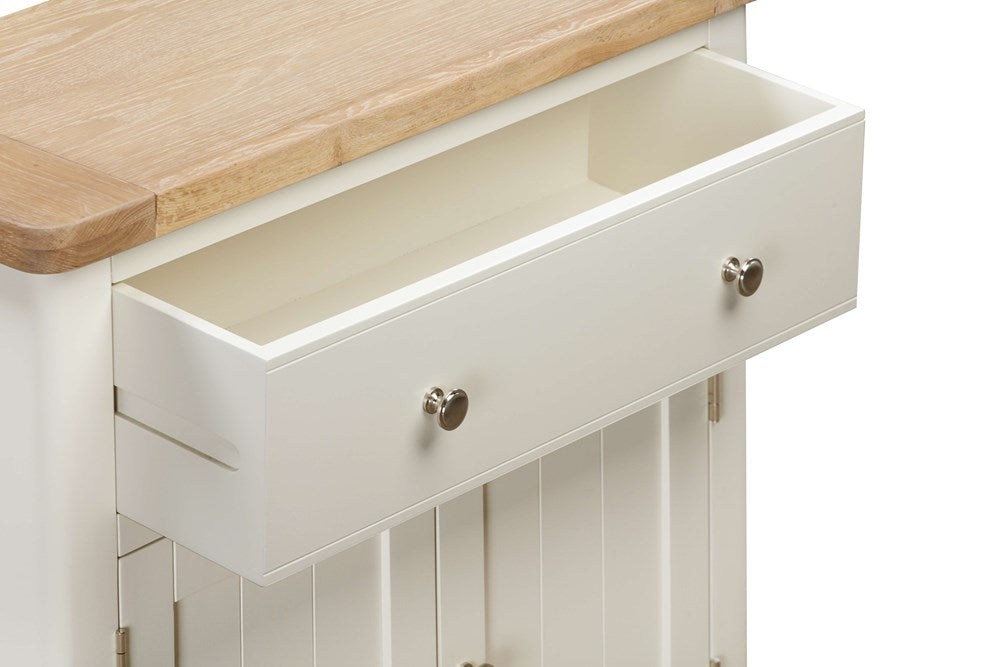 Papaya Foxington Compact Sideboard with one top drawer and 2 cupboard doors with silver metal handles. In an off white painted colour with a solid oak table top.