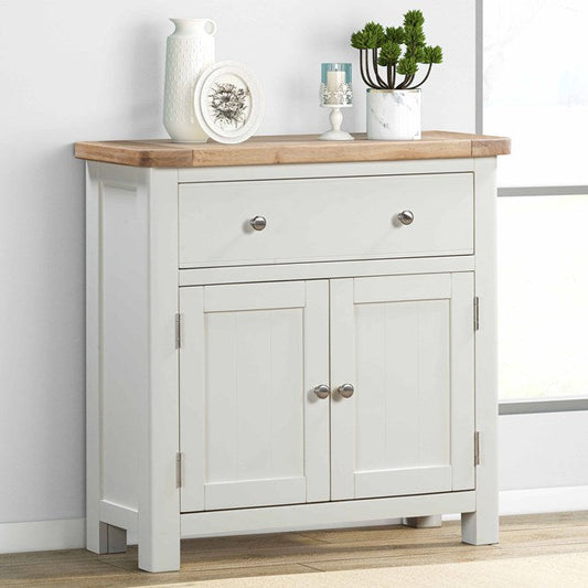 Papaya Foxington Compact 2 door 1 drawer sideboard in off white painted wood with a natural oak top and silver handles, with internal shelf for storage