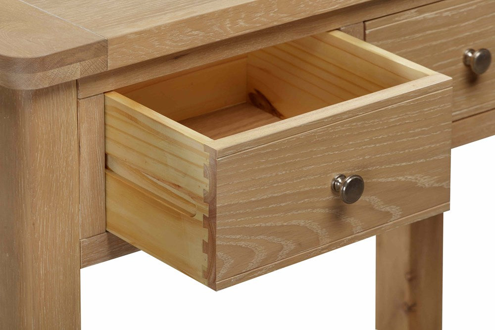 Papaya Foxington Console Table in solid natural oak features 2 drawers with silver metal drawer knobs
