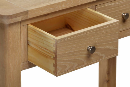 Papaya Foxington Console Table in solid natural oak features 2 drawers with silver metal drawer knobs