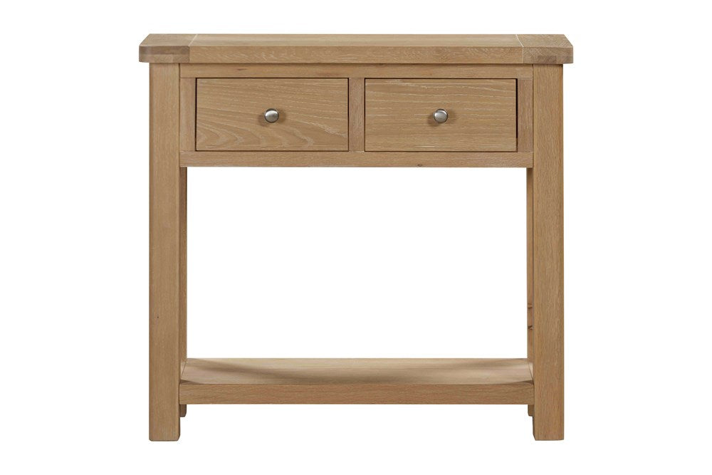 Papaya Foxington Console Table in Natural Solid Oak wood with 2 top drawers and a lower shelf for storage