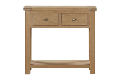 Papaya Foxington Console Table in Natural Solid Oak wood with 2 top drawers and a lower shelf for storage