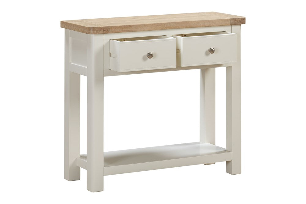 Papaya Foxington Console Table with 2 Drawers in an off white painted wood with a lower storage drawer, and a natural oak solid wood table top