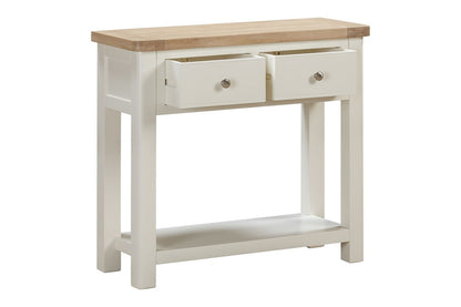 Papaya Foxington Console Table with 2 Drawers in an off white painted wood with a lower storage drawer, and a natural oak solid wood table top