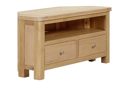 Papaya Foxington solid natural oak Corner TV Unit features two lower drawers and a shelf above with cable access