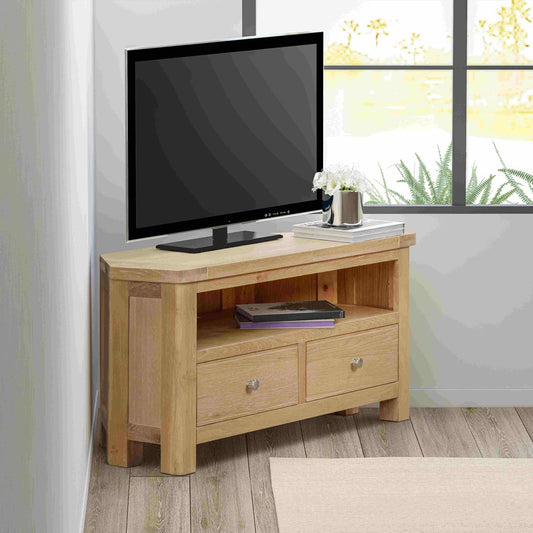 Papaya Foxington Natural Oak Corner TV cabinet includes 2 storage drawers with silver handles and shelf with cable access at the rear