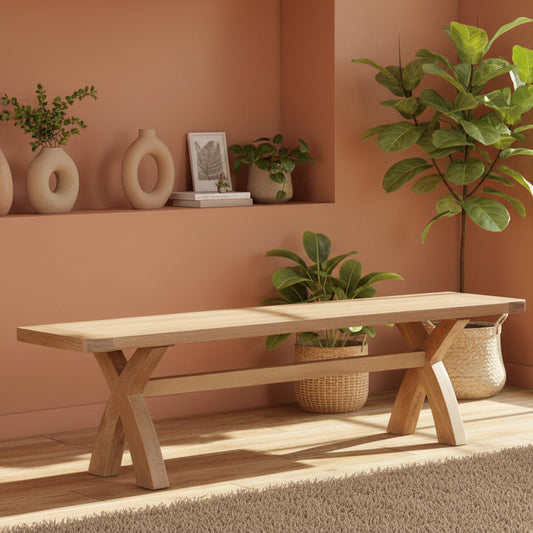 Papaya Foxington Dining Bench for up to 3 people, features an eye catching cross leg design in solid Natural Oak wood 