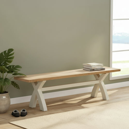 Papaya Foxington Bench features a cross leg design in an off white painted wood and a solid oak wood seat for up to 3 people