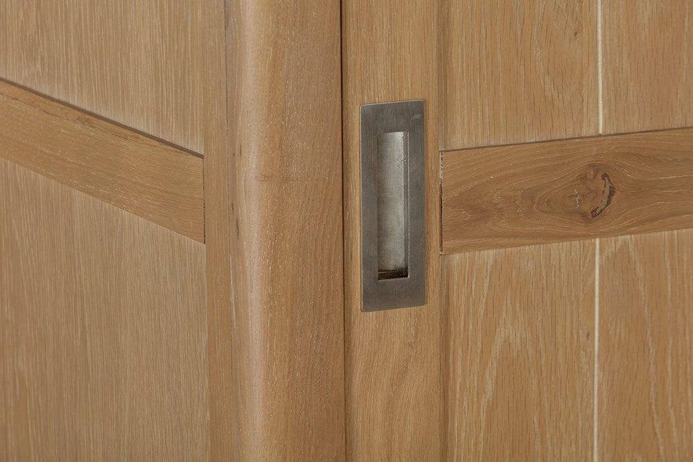 Papaya Foxington Double Wardrobe in solid Natural Oak features sliding doors with silver metal hardware