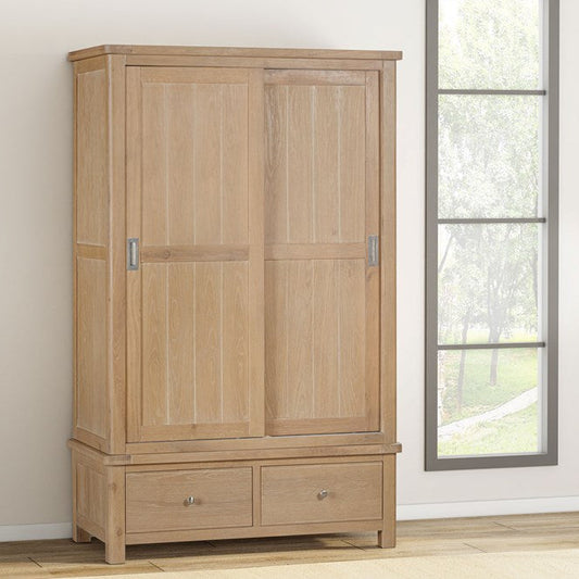 Papaya Foxington double sliding doors wardrobe crafted from a solid natural oak wood with 2 spacious lower storage drawers